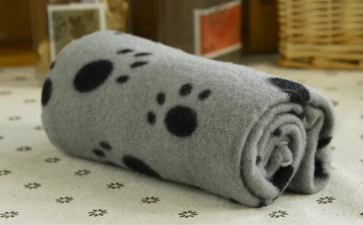 Double sided velvet pet fleece blanket in khaki with black paw print design, size S 60x70cm