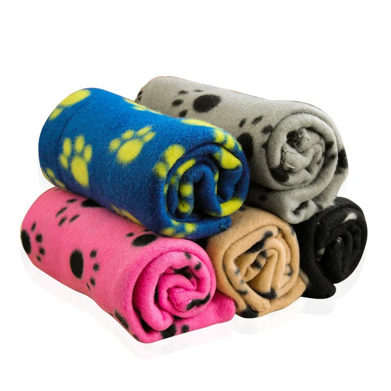 Double sided velvet pet fleece blanket in khaki with black paw print design, size S 60x70cm