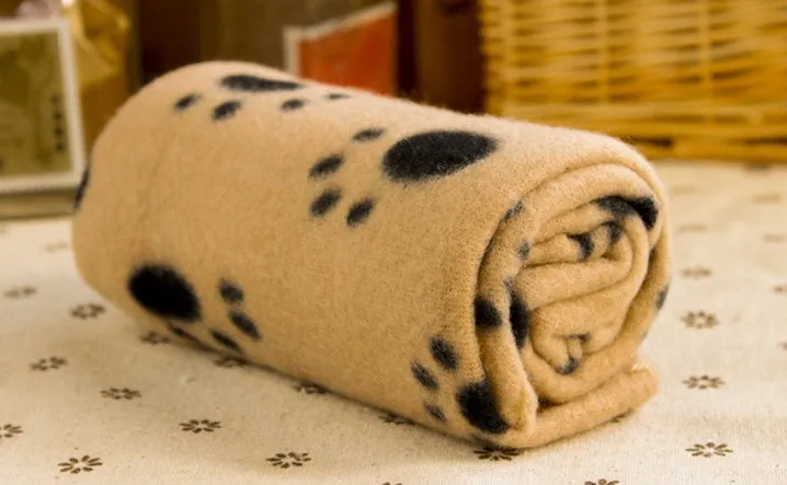 Double sided velvet pet fleece blanket in khaki with black paw print design, size S 60x70cm