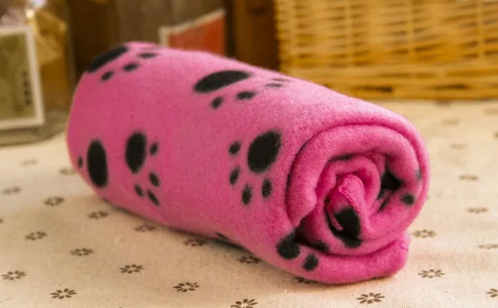 Double sided velvet pet fleece blanket in khaki with black paw print design, size S 60x70cm