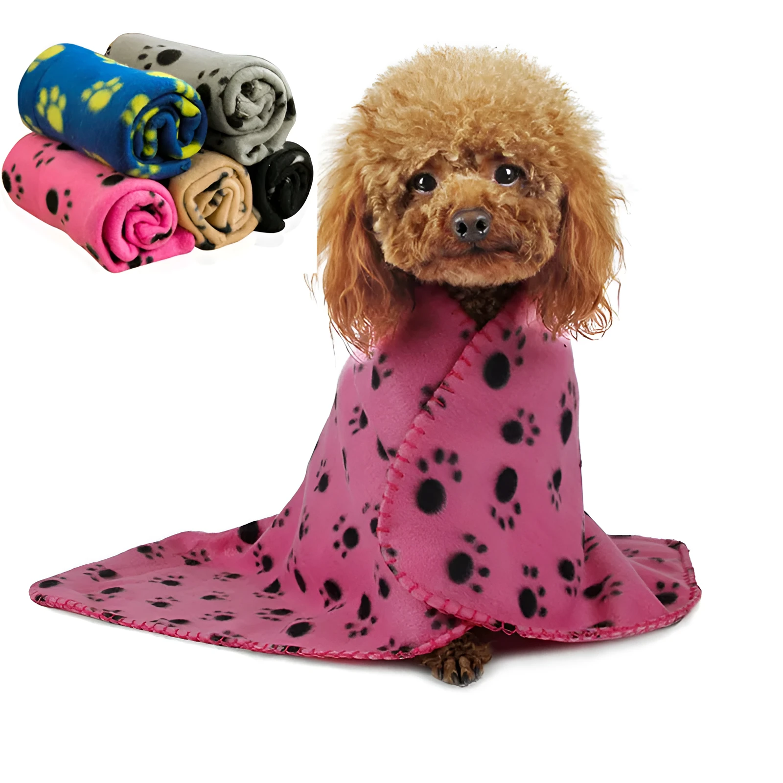 Double sided velvet pet fleece blanket in khaki with black paw print design, size S 60x70cm
