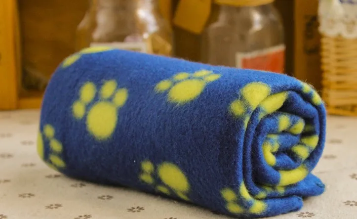 Double sided velvet pet fleece blanket in khaki with black paw print design, size S 60x70cm