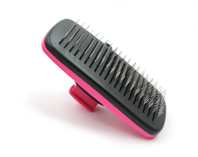 Rose red self-cleaning pet comb with stainless steel teeth and ergonomic handle for removing dog and cat hair