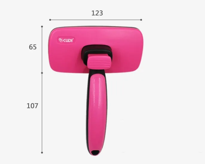Rose red self-cleaning pet comb with stainless steel teeth and ergonomic handle for removing dog and cat hair