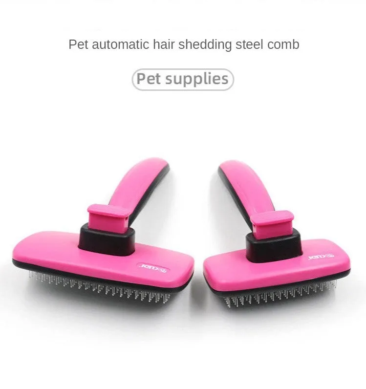 Rose red self-cleaning pet comb with stainless steel teeth and ergonomic handle for removing dog and cat hair