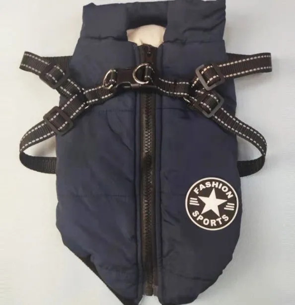 Pet cotton padded coat in blue for dogs, autumn and winter casual style, size shown S to 4XL