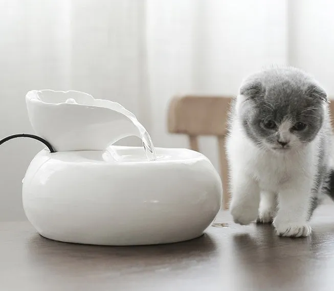 White porcelain leaf-shaped automatic cat water dispenser on floor