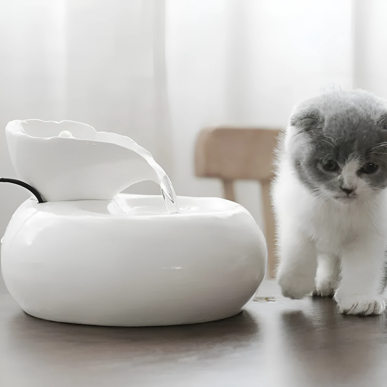 White porcelain leaf-shaped automatic cat water dispenser on floor