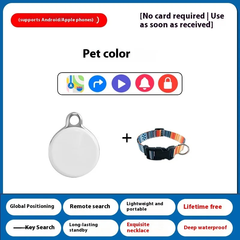 GPS pet tracker device attached to dog collar with mobile app showing location tracking