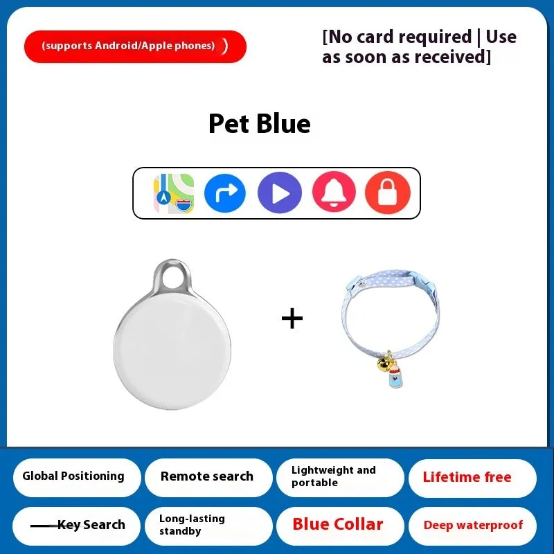 GPS pet tracker device attached to dog collar with mobile app showing location tracking