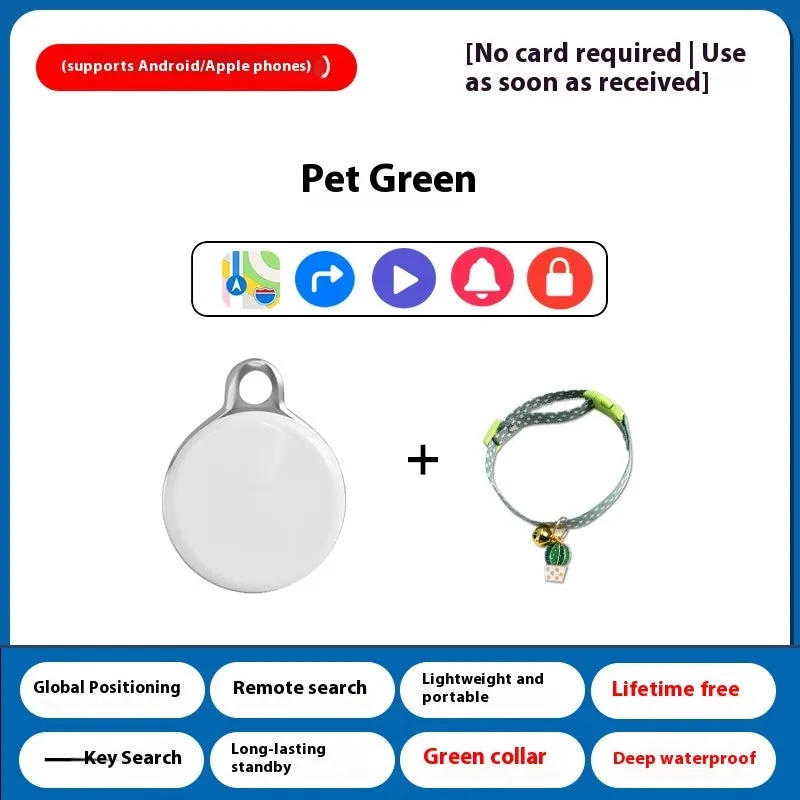 GPS pet tracker device attached to dog collar with mobile app showing location tracking