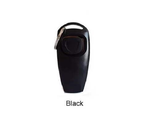 Plastic two-in-one dog training ring and whistle in black on a plain background