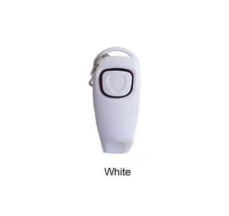 Plastic two-in-one dog training ring and whistle in black on a plain background