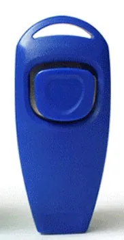 Plastic two-in-one dog training ring and whistle in black on a plain background