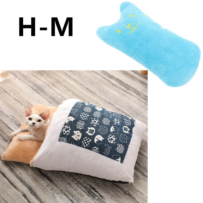 Warm semi-enclosed cat bed with removable washable quilt, cloth cave design for small to large cats