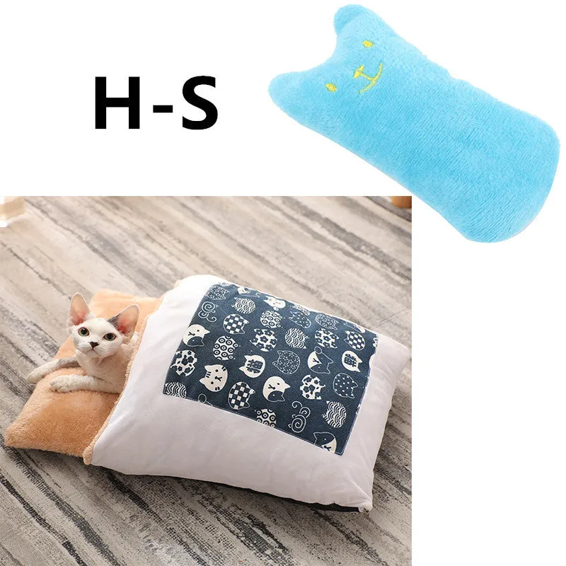 Warm semi-enclosed cat bed with removable washable quilt, cloth cave design for small to large cats