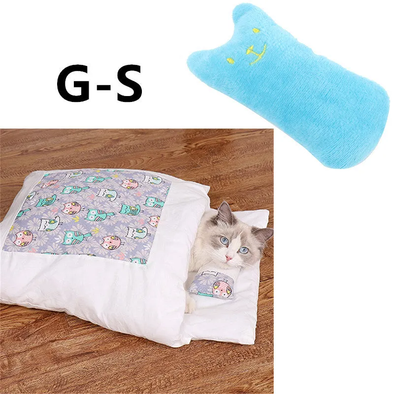 Warm semi-enclosed cat bed with removable washable quilt, cloth cave design for small to large cats