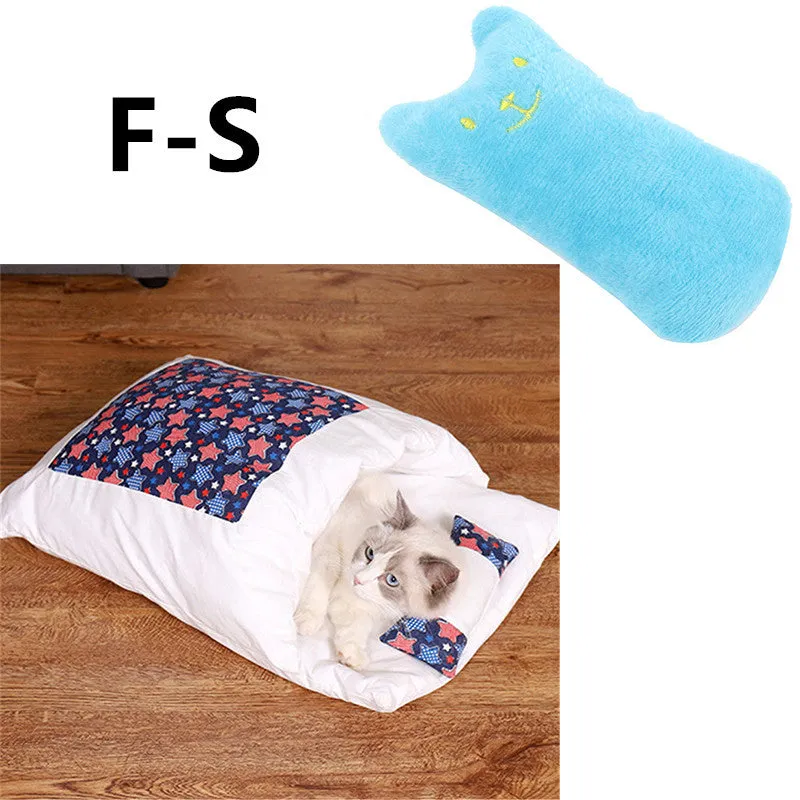 Warm semi-enclosed cat bed with removable washable quilt, cloth cave design for small to large cats