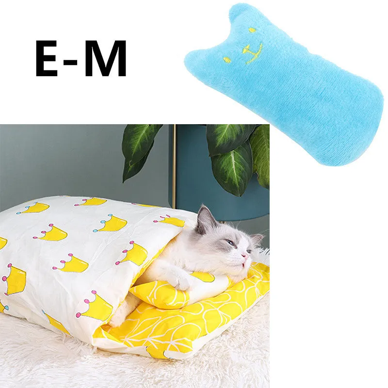 Warm semi-enclosed cat bed with removable washable quilt, cloth cave design for small to large cats