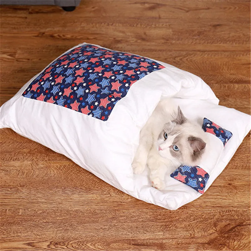 Warm semi-enclosed cat bed with removable washable quilt, cloth cave design for small to large cats