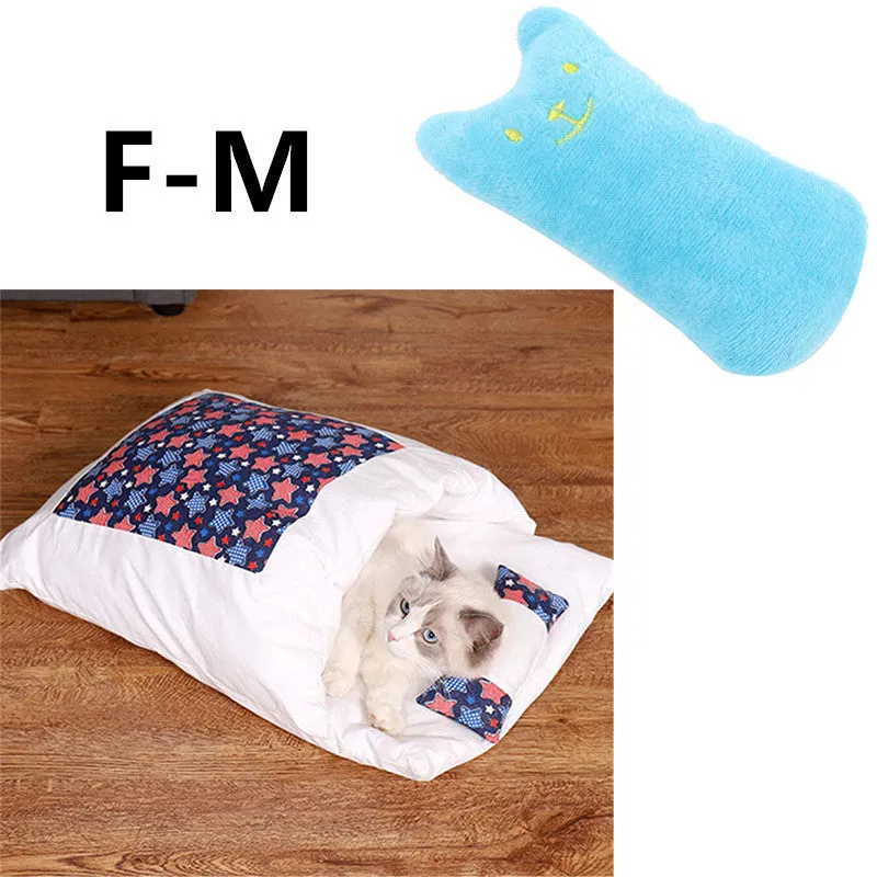 Warm semi-enclosed cat bed with removable washable quilt, cloth cave design for small to large cats