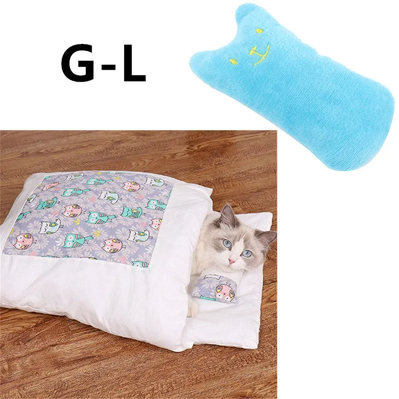 Warm semi-enclosed cat bed with removable washable quilt, cloth cave design for small to large cats