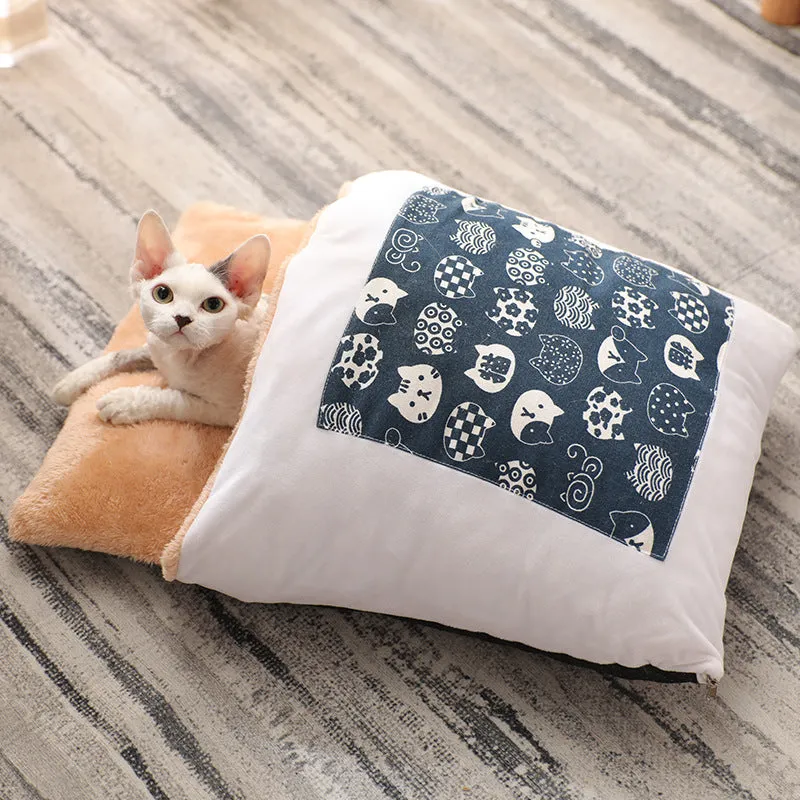 Warm semi-enclosed cat bed with removable washable quilt, cloth cave design for small to large cats