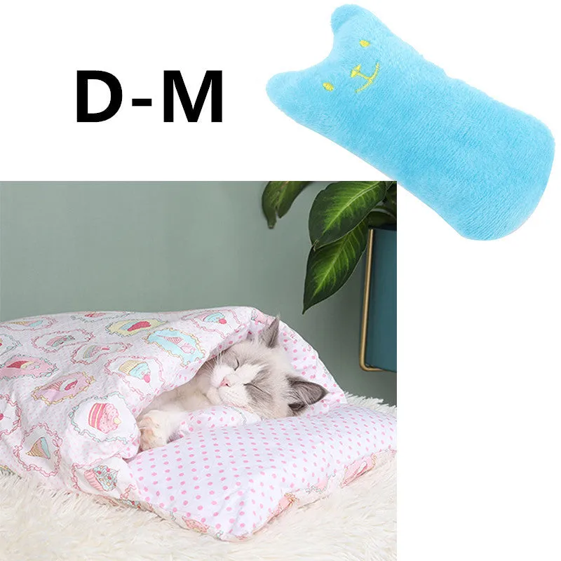Warm semi-enclosed cat bed with removable washable quilt, cloth cave design for small to large cats