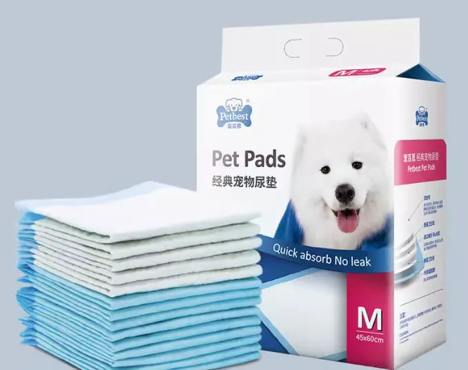 Pack of thickened disposable dog urine training pads showing adhesive backing and size options.
