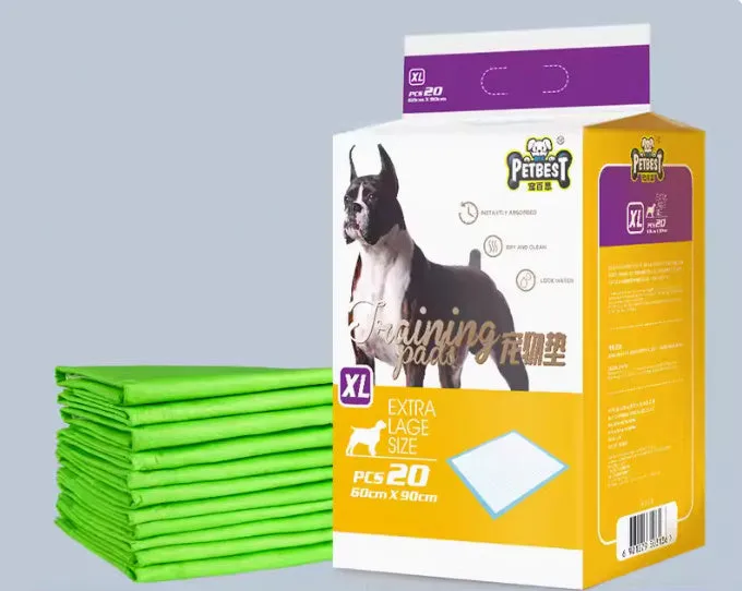 Pack of thickened disposable dog urine training pads showing adhesive backing and size options.