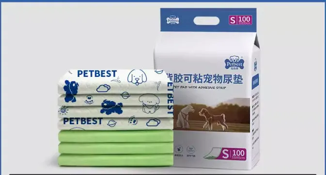 Pack of thickened disposable dog urine training pads showing adhesive backing and size options.