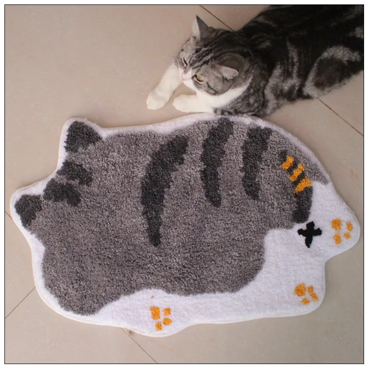 Cartoon non-slip floor mat for cat cage, soft flocking surface, TPR bottom, 45x65cm, gray cat design