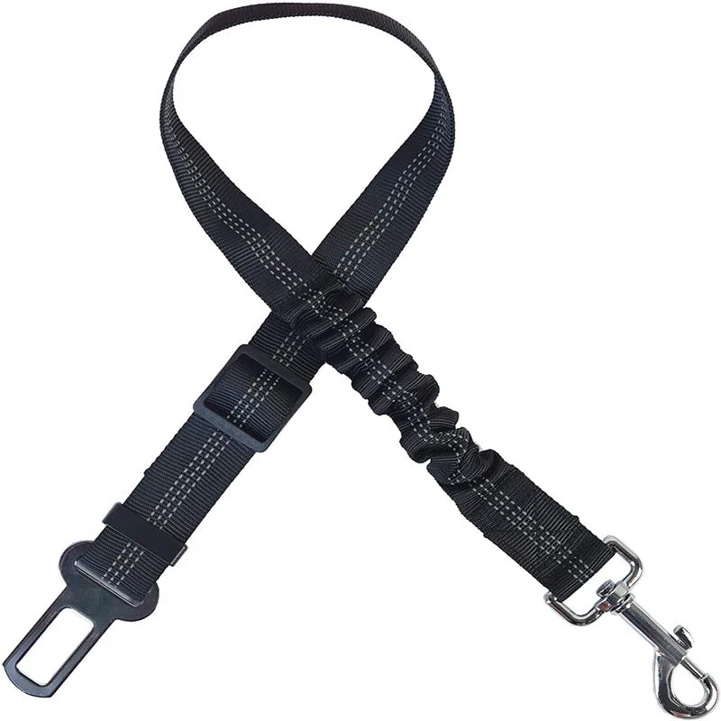 Nylon dog car seat belt towing rope in blue, 84cm extended length, on a white background