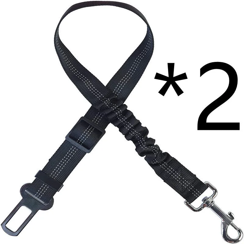 Nylon dog car seat belt towing rope in blue, 84cm extended length, on a white background