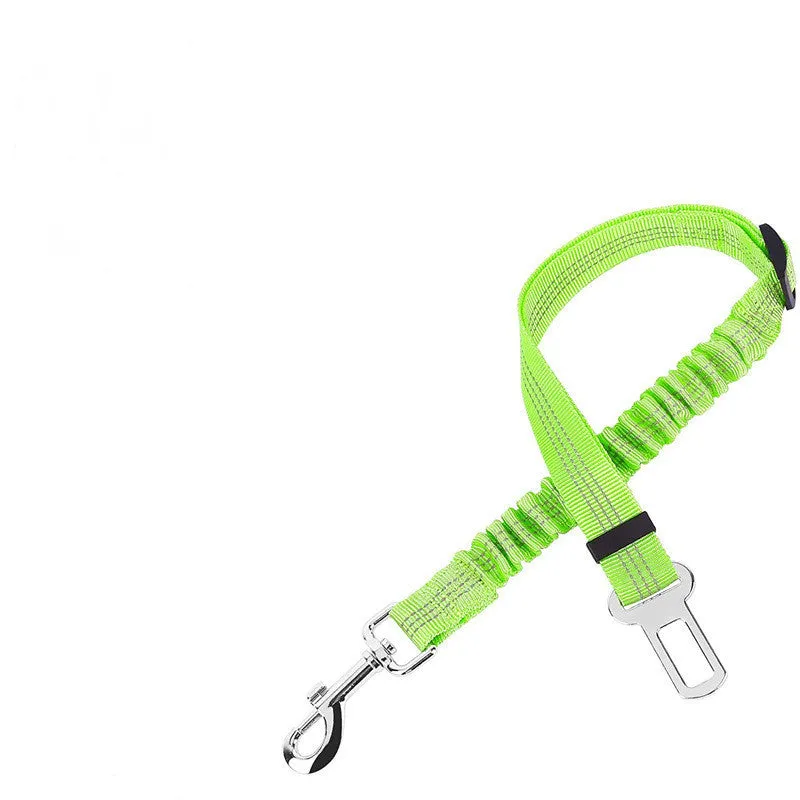 Nylon dog car seat belt towing rope in blue, 84cm extended length, on a white background