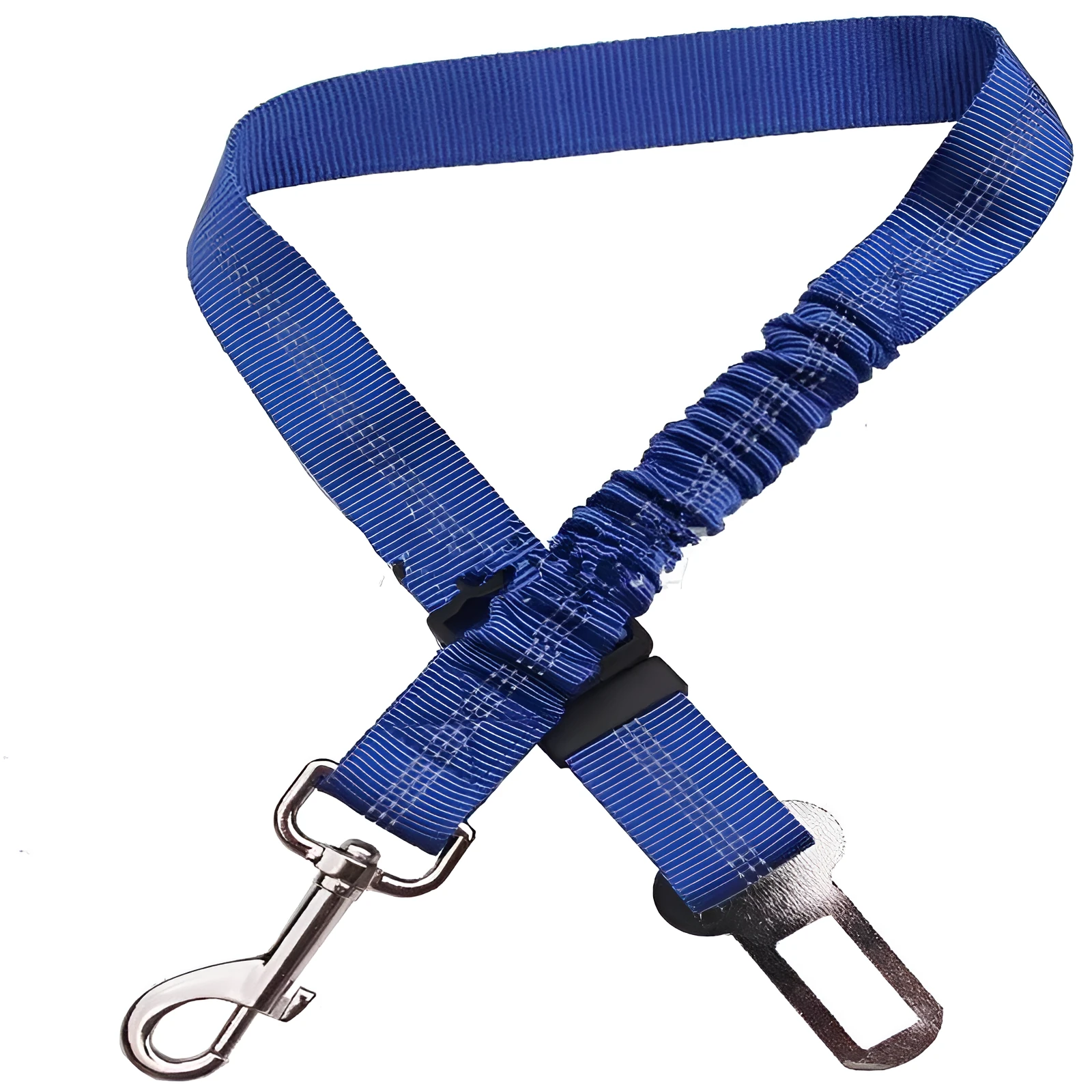 Nylon dog car seat belt towing rope in blue, 84cm extended length, on a white background