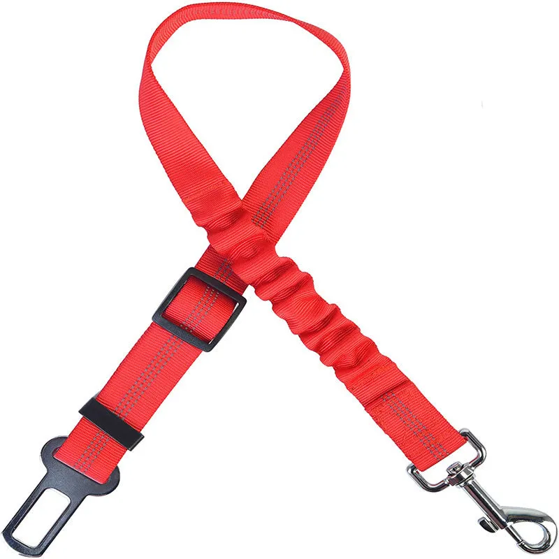 Nylon dog car seat belt towing rope in blue, 84cm extended length, on a white background