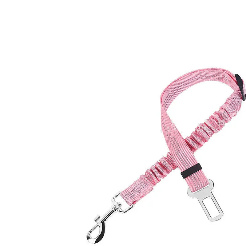 Nylon dog car seat belt towing rope in blue, 84cm extended length, on a white background