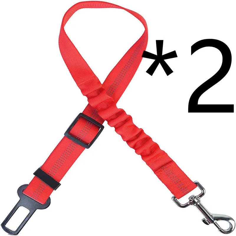 Nylon dog car seat belt towing rope in blue, 84cm extended length, on a white background