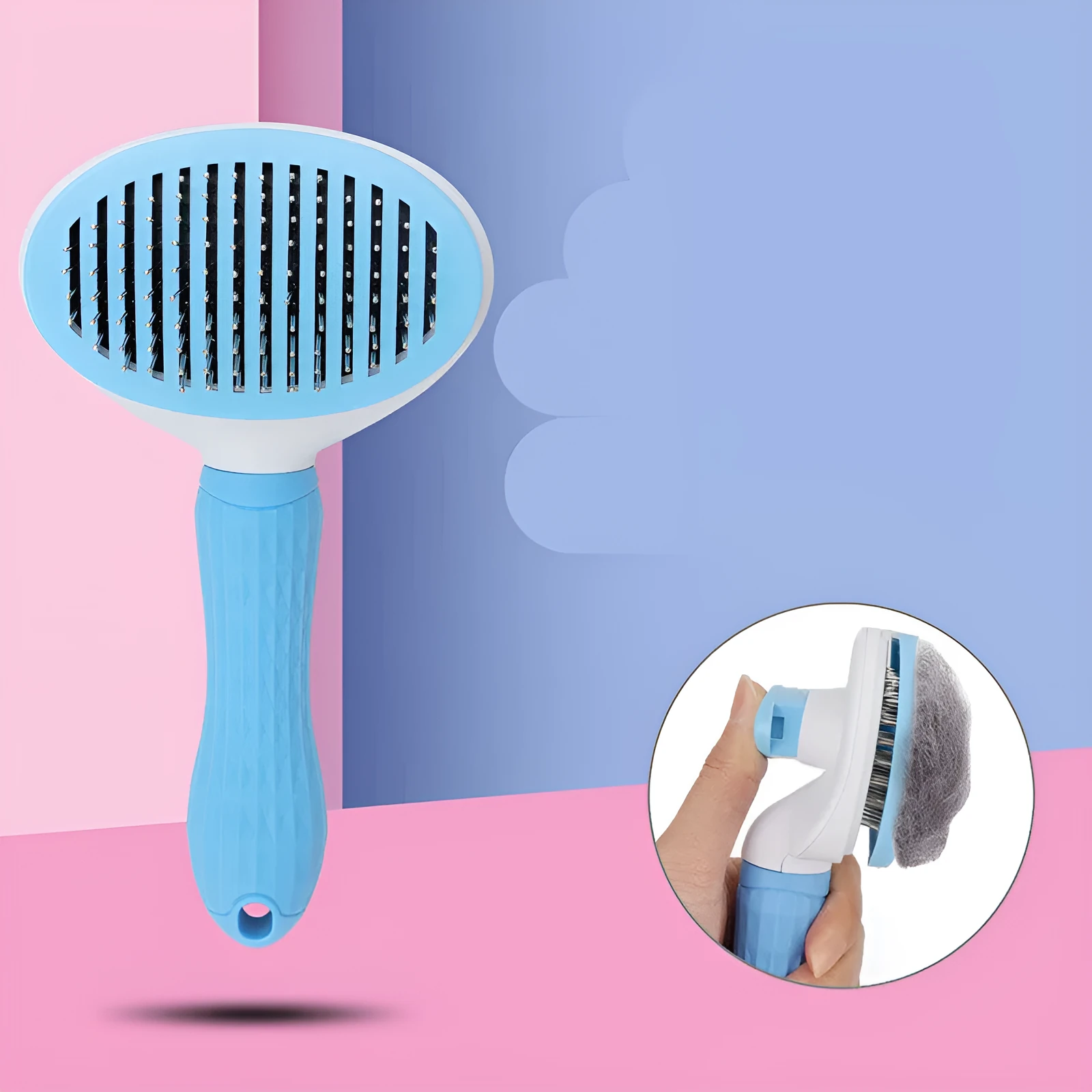 Self-cleaning dog hair removal comb with blue handle, stainless steel needles, and non-slip grip