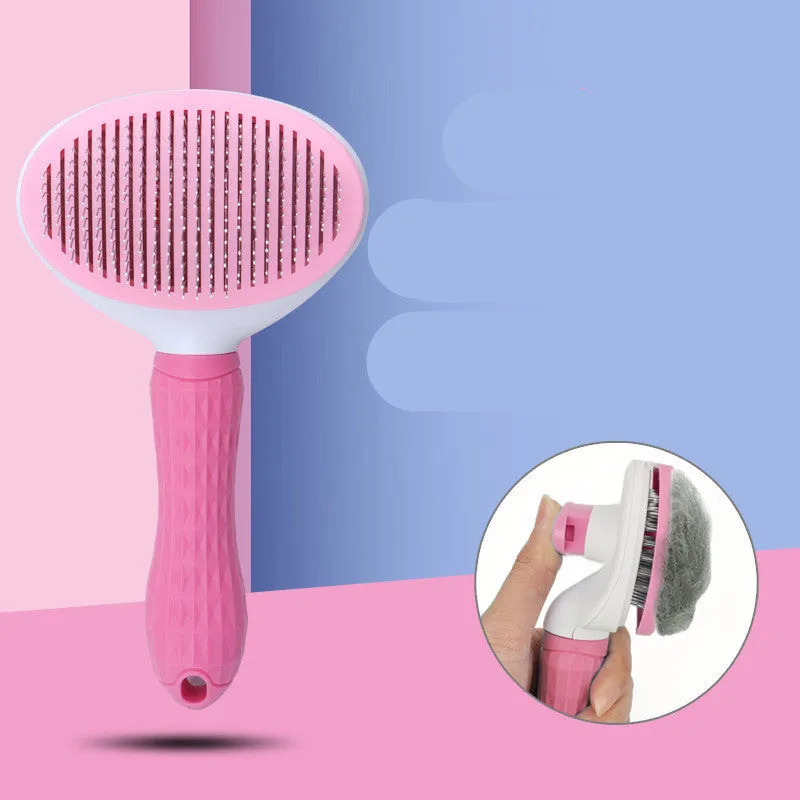 Self-cleaning dog hair removal comb with blue handle, stainless steel needles, and non-slip grip