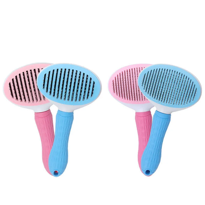 Self-cleaning dog hair removal comb with blue handle, stainless steel needles, and non-slip grip