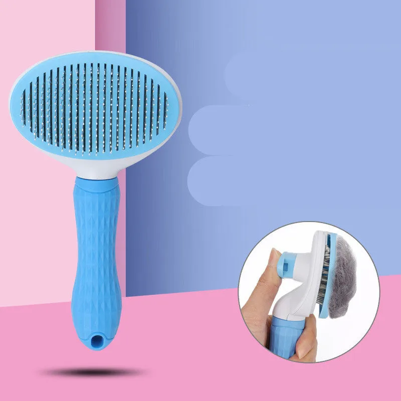 Self-cleaning dog hair removal comb with blue handle, stainless steel needles, and non-slip grip