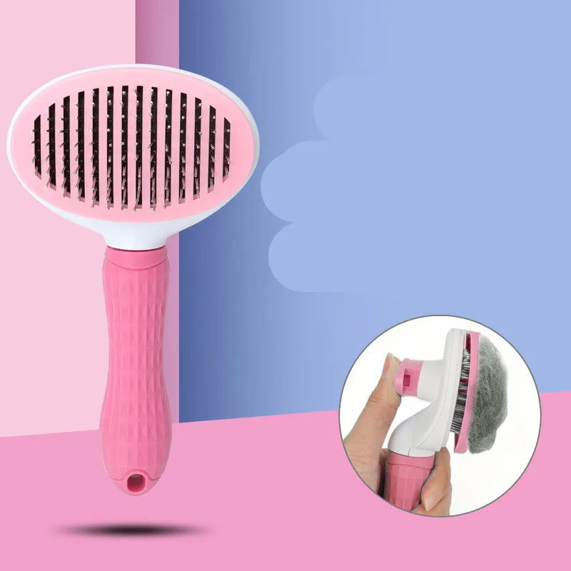 Self-cleaning dog hair removal comb with blue handle, stainless steel needles, and non-slip grip