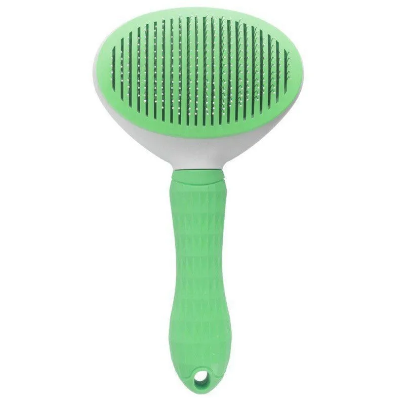 Self-cleaning dog hair removal comb with blue handle, stainless steel needles, and non-slip grip