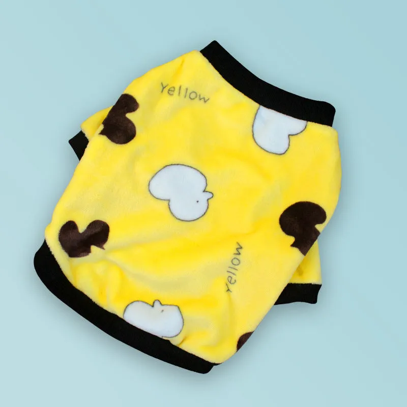 Coral fleece dog pyjamas in Bear style pattern on a female dog, side view, winter apparel