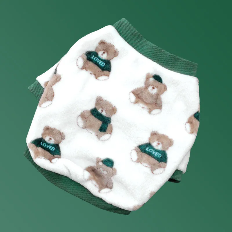 Coral fleece dog pyjamas in Bear style pattern on a female dog, side view, winter apparel