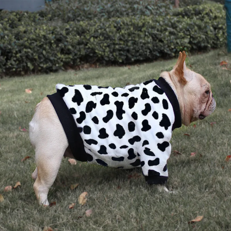 Coral fleece dog pyjamas in Bear style pattern on a female dog, side view, winter apparel