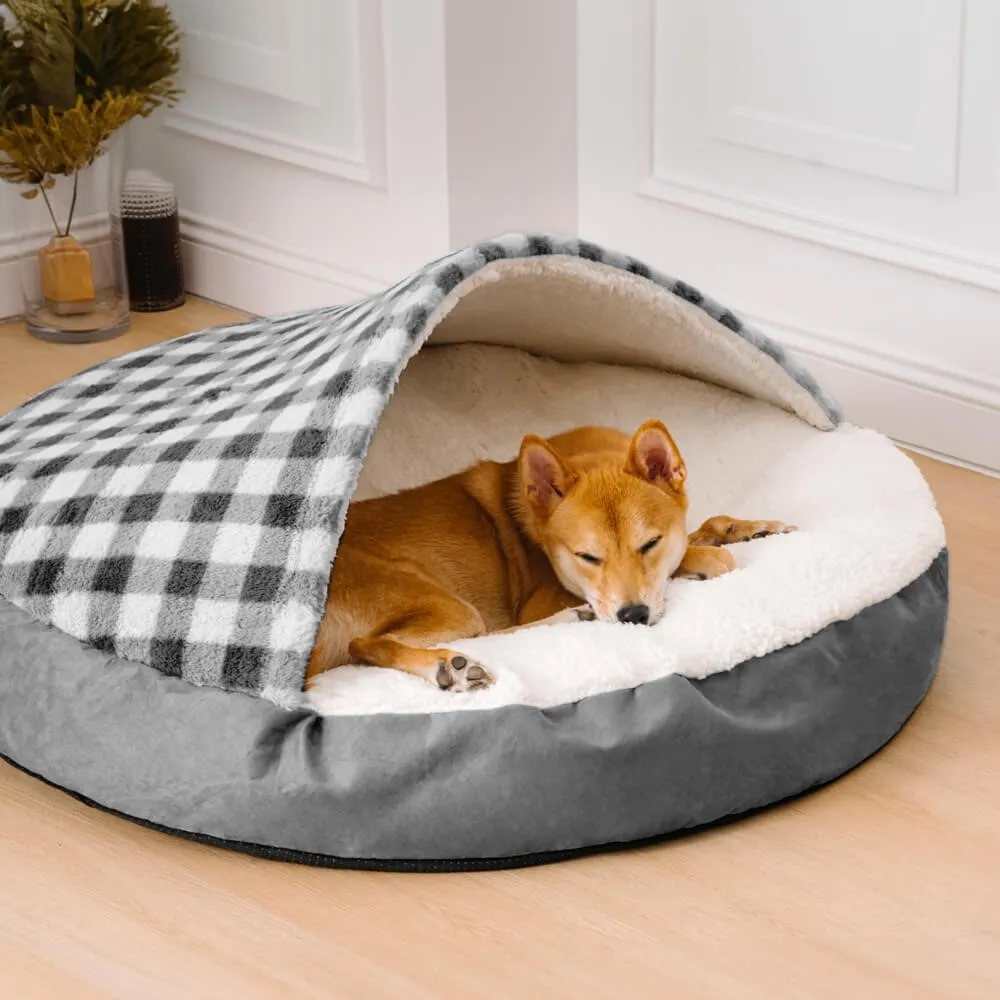 Plush dog nest bed in cloth with plaid pattern for small to large dogs
