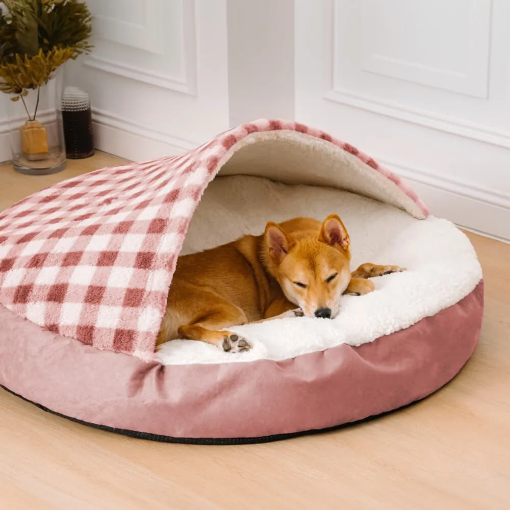 Plush dog nest bed in cloth with plaid pattern for small to large dogs